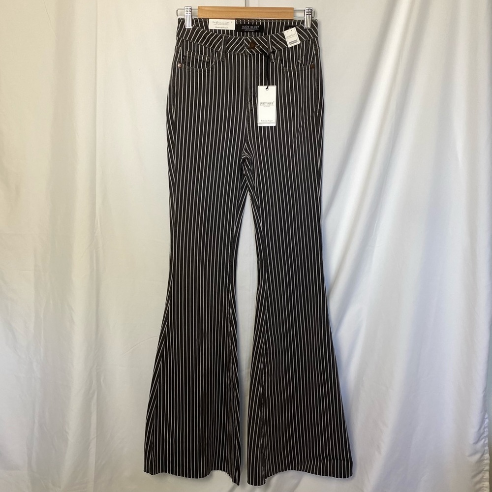 Gray/White Striped Super Flare Highwaisted Jeans